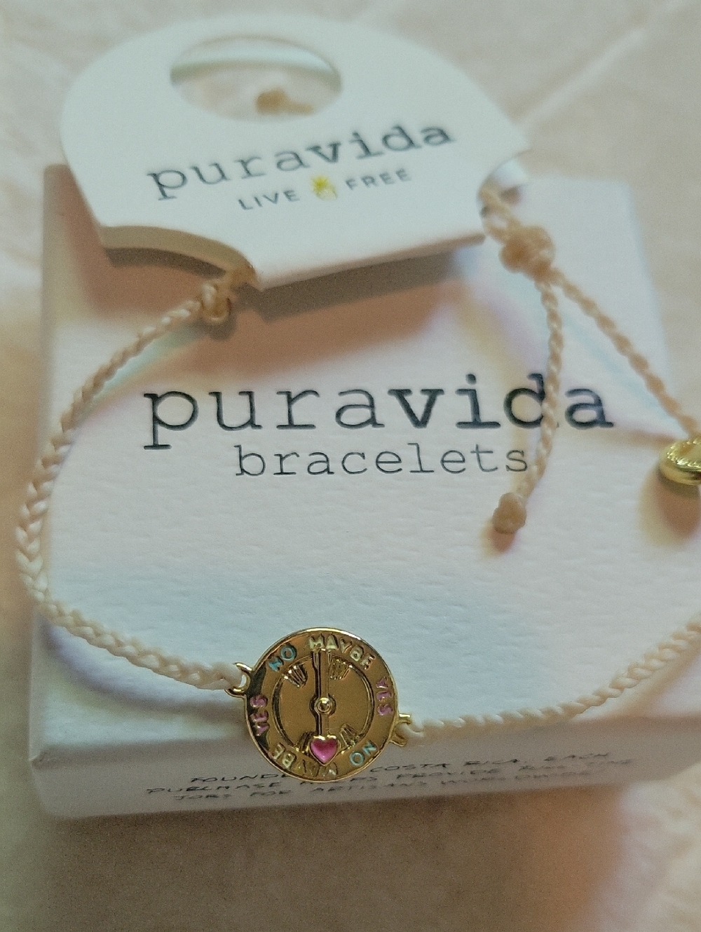 Pura Vida Cream Cord Bracelet with Gold Disc and Pink Heart Accent